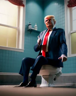 Donald Trump sitting in toilet scene, without pants, realistic image, hooper style, casual, concept art, smooth, unreal engine 5, god lights, ray tracing, RTX, lumen lighting, ultra detail, volumetric lighting, 3d.