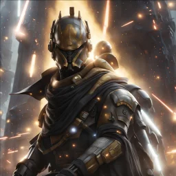 star wars bald male corellian pilot wearing pearlescent black and gunmetal grey First Order special forces heavy assault armor and helmet with gold trim inside the jedi temple, centered portrait, hyperdetailed, dynamic lighting, hyperdetailed background, 8k resolution, volumetric lighting, light skin, fully symmetric details