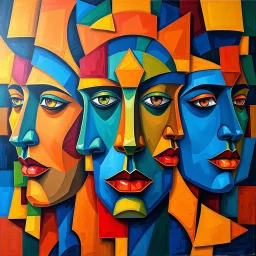 A monumental large-scale oil painting featuring intricate stylized faces seamlessly interwoven with geometric shapes. Vibrant, saturated colors – deep blues, warm oranges, bright yellows, reds, and greens – cover the entire canvas edge-to-edge with no borders. The composition is immersive and dynamic, with overlapping planes and deconstructed features creating a cubist-inspired mosaic. Thick layered brushstrokes, rich textures, and an expansive gallery feel draw the viewer into the artwork. --v