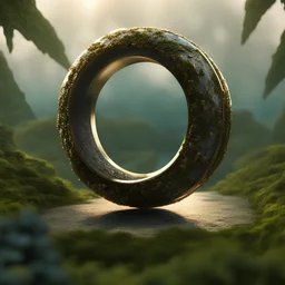 a shimmering ring with a tiny, lush world nestled within its center, full wide view, highly detailed, 8k