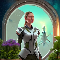 centered portrait of female soldier sitting on throne, wearing no helmet, by a starship window with huge banana pot plants and a view to the milky way, hi detail, book cover illustration