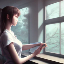 Anime, female student studying under window, studying lesson, perfect face, cool face, ultra detail, unreal engine 5, cinema4d, sun light, studio lighting --ar 1:1 --v 4