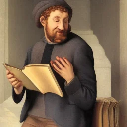 smiling man reading book into microphone by Michelangelo