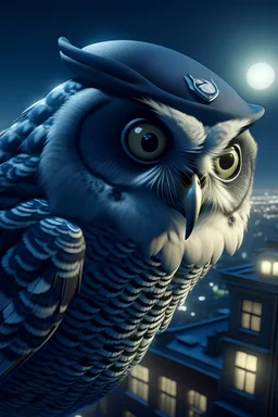 Primer plano de un buho detective sobre un edificio a la luz de la luna observando la ciudad a lo lejos