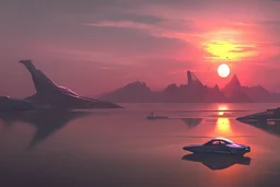 distant city, cars, sunset, lake, sci-fi, epic