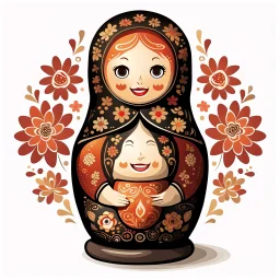 draw matryoshka dolls, the matryoshka is smiling, the kind sweet face of the matryoshka doll, behind the matryoshka Russian patterns in the style of Khokhloma