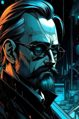 Best quality, masterpiece, ultra high definition,Futuristic, cyberpunk, Friedrich Nietzsche,Comic style