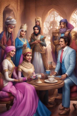 One day, Queen Batool was having a good time with her special team that was called "The Tea Council". Her team included: - Rayouf, the brave princess and the leader of the tribe - A talented writer who writes amazing stories - A real Barbie doll that talks and moves - Jim Carrey, the star of comedy and satire - Donald Trump, the former US president and the controversial figure They met in a spacious room decorated with large windows that allow sunlight to enter, bright colors, green plants, mode