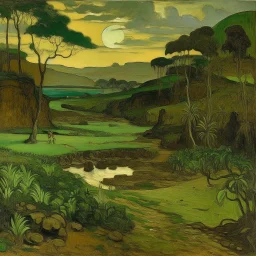 An olive green wasteland near an abandoned plague town painted by Paul Gauguin