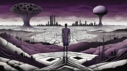 inner an giant block of stone of several layers a human figure stands alone , in outside around weird landscape with city in the distance, sharp lines, fade pale eyes, fade human figures in city, dark purple, gray, black, white, brown. Whimsical style and surreal vibe, lonely with absurd broken land, neuron network background, surreal nightmare vibe