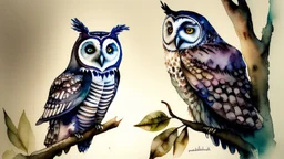 watercolor painting of an owl sitting on a branch