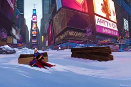 Supergirl merrily sliding inside a very old soapbox of wood, over a huge pile of snow in Times Square.