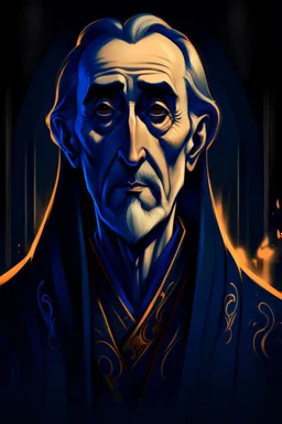 A portrait Christopher Lee in his forties, dressed as a mage in expensive robes, in the style of Genndy Tartakovsky