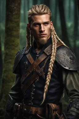 photorealistic hyperdetailed portait of 20-year-old german male, as mercenary with long blonde braided and undercut hair, tribal tattoos and neatly trimmed beard wearing modern mercenary uniform dark fantasy forest backdrop