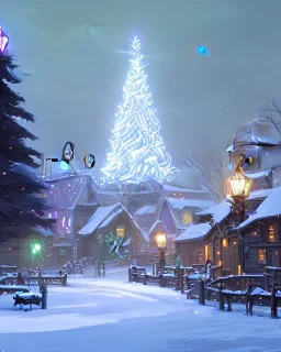 A magical snowy warlock town with a Christmas tree