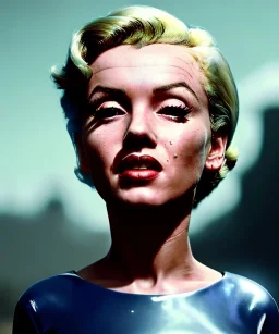 Ultra Realistic retro sci-fi 1960 scene, waist up view portrait, blonde woman, sweet young Marilyn Monroe face, perfect iris, tight latex coat, alien planet background, tight style, steel sphere dron levitating, fog, rain, soft color, highly detailed, unreal engine 5, ray tracing, RTX, lumen lighting, ultra detail, volumetric lighting, 3d, finely drawn, high definition, high resolution.