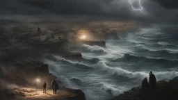 PEACE IN GAZA.Photo-realistic scene ,desolate, standing on a jagged cliff, overlooking turbulent, inky black ,A storm brews in the distance, with dark, ominous clouds gathering, powerful beam pierces the darkness, and within its light, ethereal shadows of shipwrecked souls can be seen, their translucent forms forever searching for a way home.