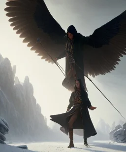 native american warrior, wizard doctor, long black hair, black hooded coat like wings, 8k resolution concept art portrait by Greg Rutkowski