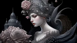 Beautiful bioluminescense black and silver humanoid lady snail textured detailed lace ornate house portrait, adorned with white and pink flower dust, pink rose and black rose silver dust beads, wearing diadem headress, wearing Renaissance costume, organic bio spinal ribbed detail of Renaissance textured bioluminescense watery floral silver floral dust creative background maximálist hyperrealistic concept art