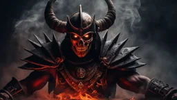 a warrior with bones sticking out of his chest and with eyes made of embers surrounded by smoke. he is fighting a demon. dark horror setting. terrifying horror backgrund. blood, guts, gore. visceral.