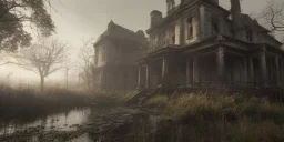 abandoned vilage, rain, intricate detailed, terror, horror, particles water, fog