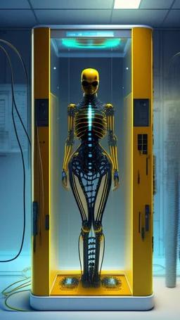 Sleeper in tube cabinet made of glass filled to the top with honey coloured liquid , in a laboratory inside it a half alien and a half human creature body standing vertically inside , connected with wires and electrical wires , the human standing in side, a high tech equipment in the background ,4K, cinematic, high resolution