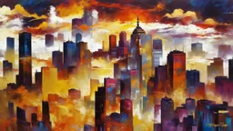 A vibrant metropolis with tightly clustered structures glowing in hues of orange, yellow, and red under a dramatic, swirling sky. At the center of the scene stands a majestic skyscraper, covered in intricate designs and shimmering in the sunlight. This stunning painting captures the bustling energy and modern beauty of an urban landscape, allowing viewers to get lost in the captivating details of city life.