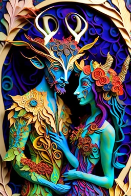 "Satyr Union"; surreal Satyr and Nymph couple wearing colorful Royal wedding attire made with quilling found in nature; Avant-garde