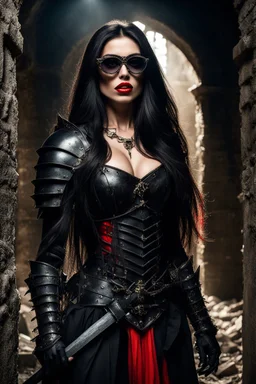 BEAUTY WOMAN, NICE BODY, SCARED, BIG EYES, BLACK LONG HAIRED, RED LIPSTICK, DRESSING A BLACK ARMOUR, AND BLOUSE, SUNGLASES, INTO A DIRTY DUNGEON, BONES AND RATS