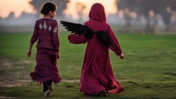 A Palestinian girl have tow wings wearing an old dress in gaza during sunset in winter.