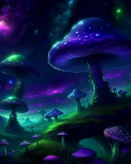 Красивый необычный мир с фиолетовыми грибами. Лиловое небо с изумрудными звездами.