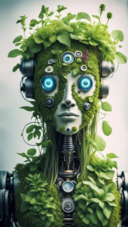 a portrait of a vegan hippie robot made of living plants, and having a sentient look in its eyes, like a buddha