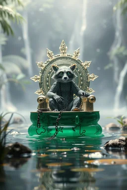 action figure of a glossed an transparent chained and crucified electric racoon on round swamp transparent glass boat eye throne in a charged foggy jungle starry waterfall, blur background to make character pop out