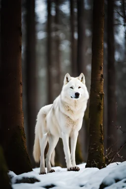 Giant White wolf standing in a forest, snow covering the ground