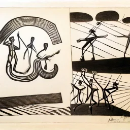 drawn in single line by Nicolai Blatter with hatch with parallel wavy lines metal engraving with african man dance procession in salvador dali style or picasso style