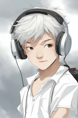 An Asian boy in a white shirt and headphones.