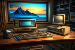 retro tech on a desk, immersive surreal landscape