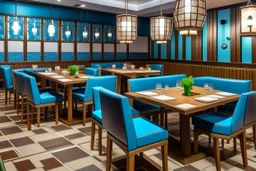 Dining tables in a restaurant. The table is square in shape and there are four chairs on it. There are 10 tables in the restaurant, and the walls, floor and furniture are blue and brown.