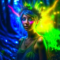 paint splatter, a hippie pixie in the underground grove glowing light, in the style of dali, 8k, down-light, soft light, depth of field, photo realism, trending on art station, high detail, smoke and fog