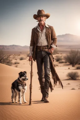 Full body cowboy in a desert with a dog and fancy walking stick