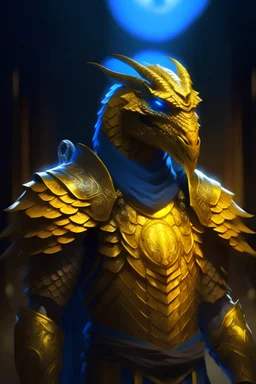 Beck is a golden Dragonborn wich wears a villiger's tunic. his scales are glowing yellow and his eyes are a deep blue. he is viewed from the back and we can see in the background a ginormous face of a robot