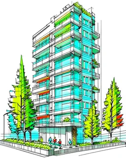 Dibujo arquitectónico de un edificio de cinco pisos, moderno, diseñado aplicando la proporción, estilo minimalista futurista, calidad ultra, gente, árboles, colores complementarios