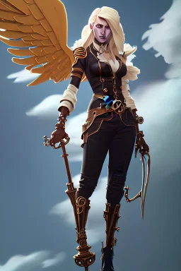 clouds, blonde steampunk angel holding staff, majestic