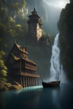 a warship moored at a medieval masoned pier along a wide river. the end of a steep mountain valley. huge waterfall. stunningly beautiful surroundings. dark fantasy setting.