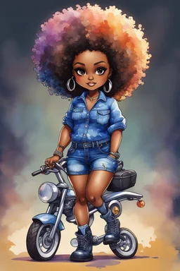 create an watercolor illustration of a chibi cartoon voluptuous black female wearing a blue jean outfit with a tie dye tshirt with biker boots. Prominent make up with hazel eyes. Extremely highly detail of a tight curly black and shiny afro. Background of a bike show