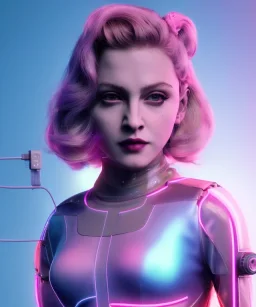 Artist, young madonna, android woman, sweet, blonde, white skin, long eyeliner, purpurin, glossy lips, make-up, color leds lights, cables, short hair, circuits, cyberpunk, latex coat, cyber punk, neon, portrait, studio photo, unreal engine 5, soft color, 16 bit, god lights, ray tracing, RTX, lumen lighting, ultra deatail, volumetric lighting, 3d, finely drawn, hd.