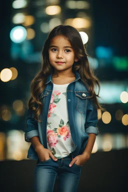 Little 6 years old beautiful girl perfect face,1girl wearing a pretty shirt and jean pant, standing pose,modern city ,night view