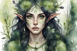 fantasy watercolor portrait of a young female forest druid elf with startling green eyes, black hair. Garland of thistles. Ocre skin and green freckles. background primeval forest