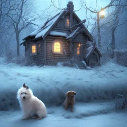 SAD, SCARED, LONELY DOG TIED UP OUTSIDE WITH A HOUSE IN BACKGROUND, WINTER, 8k resolution, high-quality, fine-detail, intricate, digital art, detailed matte, volumetric lighting, illustration, 3D octane render, brian froud, howard lyon, selina french, anna dittmann, annie stokes, lisa parker, greg rutowski