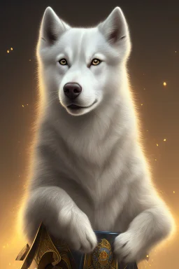 photorealistic cute white husky knight, hyperdetailed painting, luminism, Bar lighting, complex, messy old clothes, 4k resolution concept art, Artgerm, WLOP, Alphonse Mucha, 3d render, octane render, intricately detailed, cinematic, awesome full color, hand drawn, dark, gritty, realistic mucha, klimt, cinematic